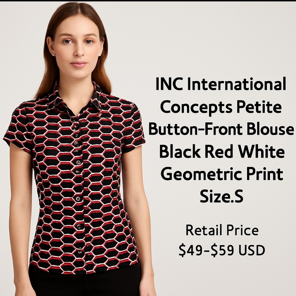 INCInternational)Concepts PetiteButtonFrontBlouseGeometricPrint Black Red(A166✨ - Picture 2 of 5